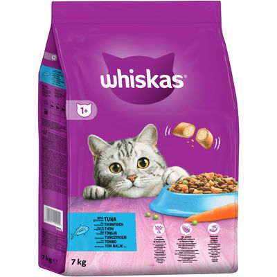 Whiskas 1+ Adult Dry Cat Food with Tuna 7kg bag, front of pack
