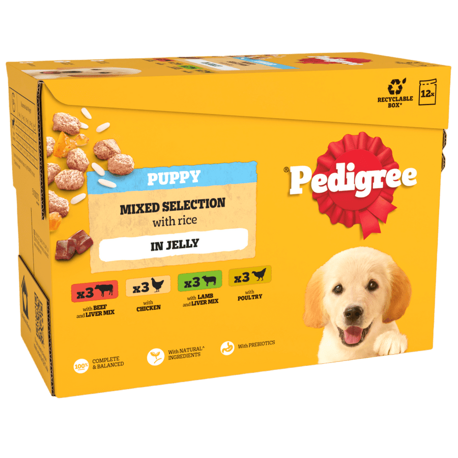 Pedigree Puppy Mixed Selection with Rice in Jelly 12 x 100g pouch multipack, front of box