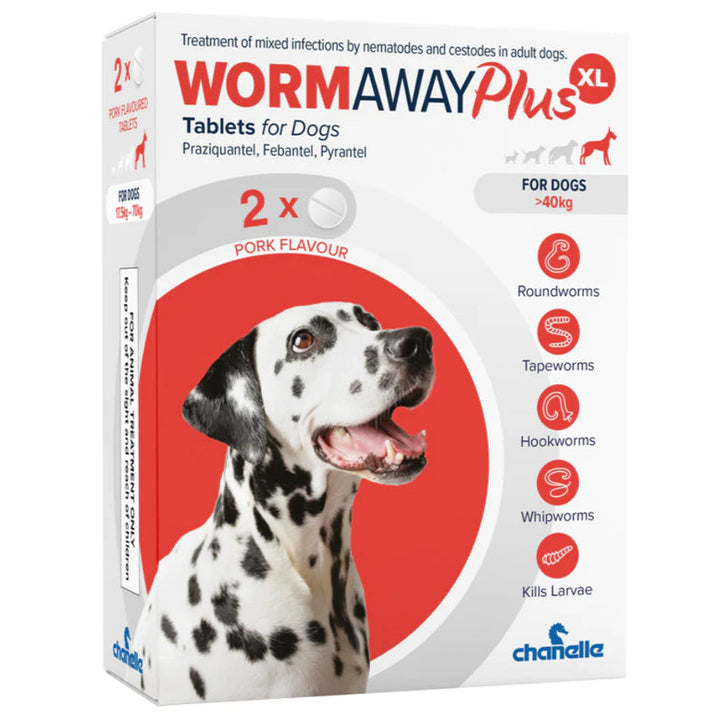 Wormaway Plus XL worming tablets for large dogs 17.5kg to 70kg, pack of 2 pork flavour tablets by Chanelle