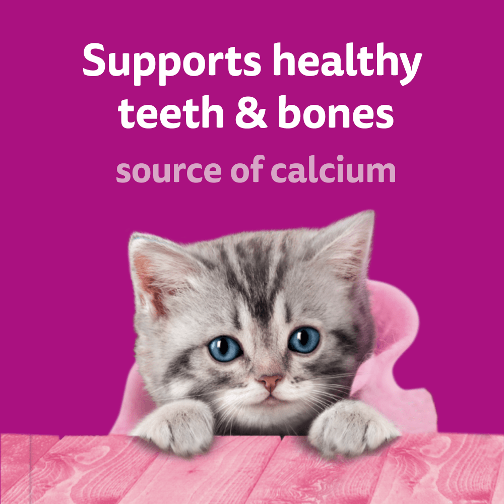 Whiskas Milky Treats support healthy teeth and bones, source of calcium, with kitten